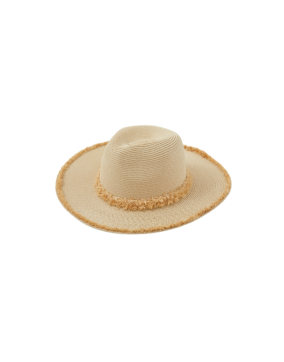 Raw-edged raffia flat-brimmed straw hat